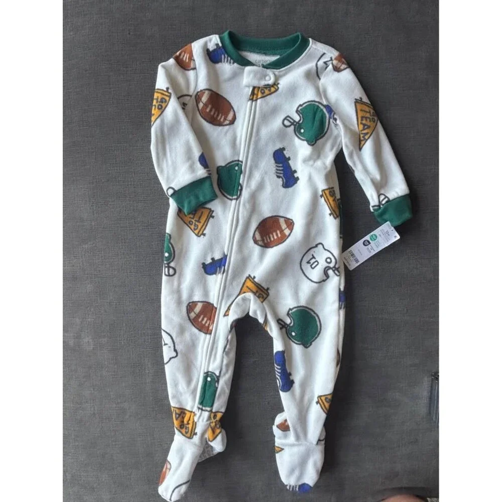 NWT Carter's Baby Boy 12M Football Fleece Footed Pajamas Sleep Play White Green